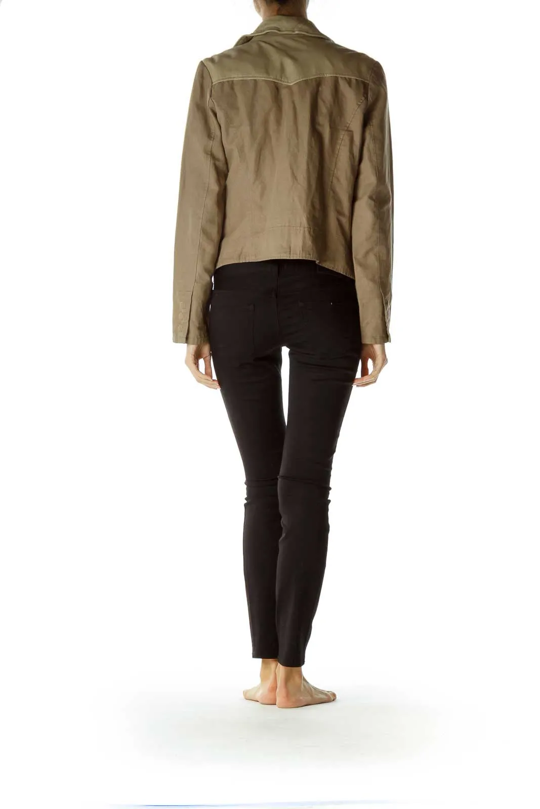 Brown Zipper Down Linen & Leather Jacket