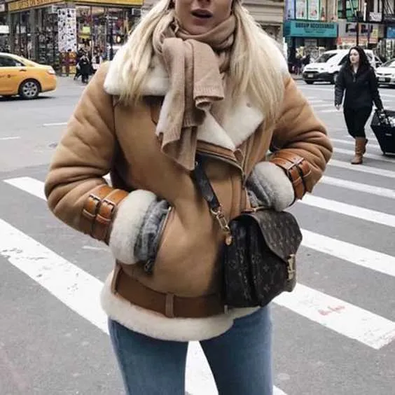 Faux Fur Lined Leather Shearling Moto Jacket