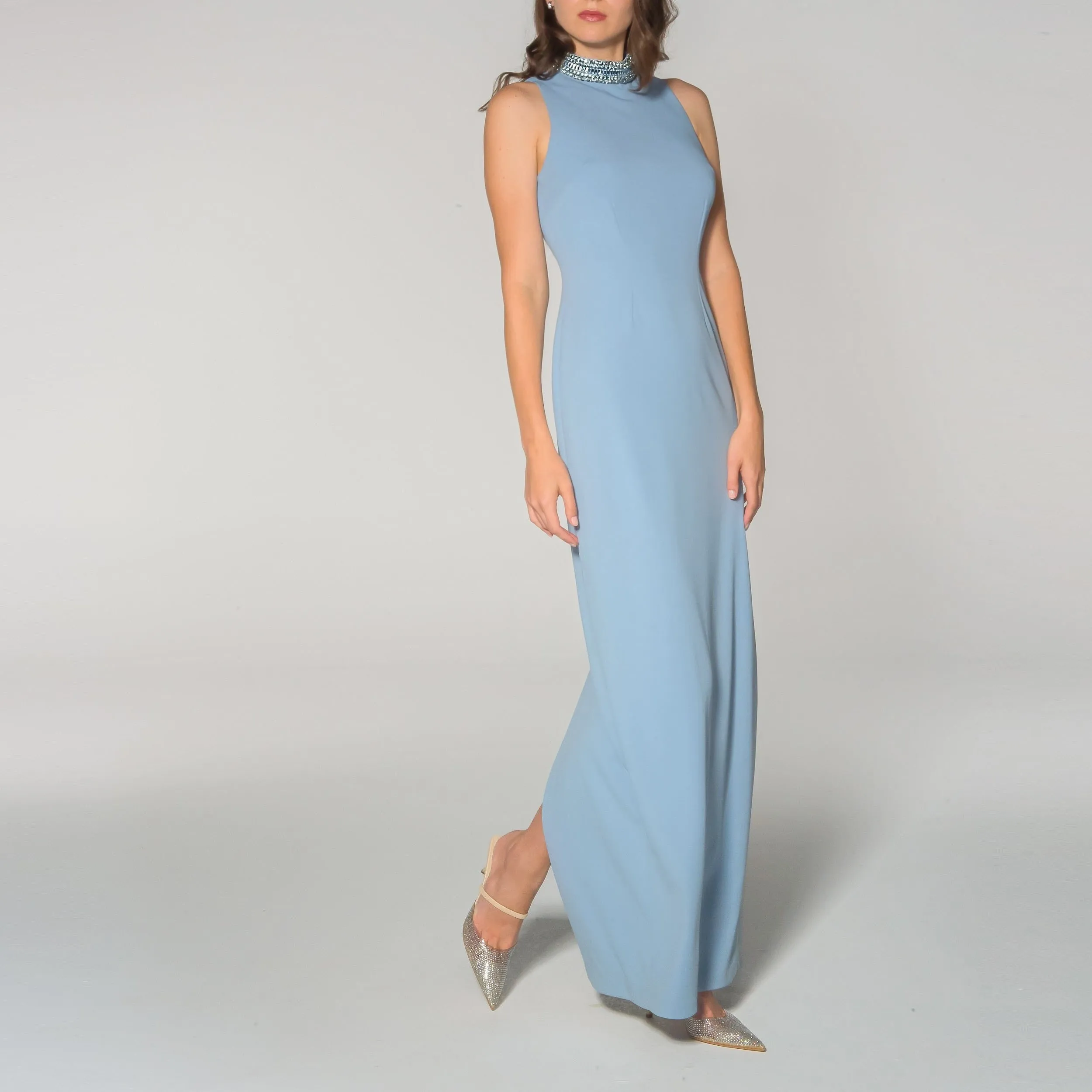 French Blue Jeweled Collar Sleeveless Gown