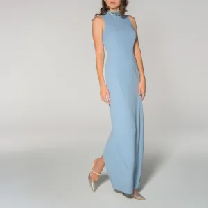 French Blue Jeweled Collar Sleeveless Gown