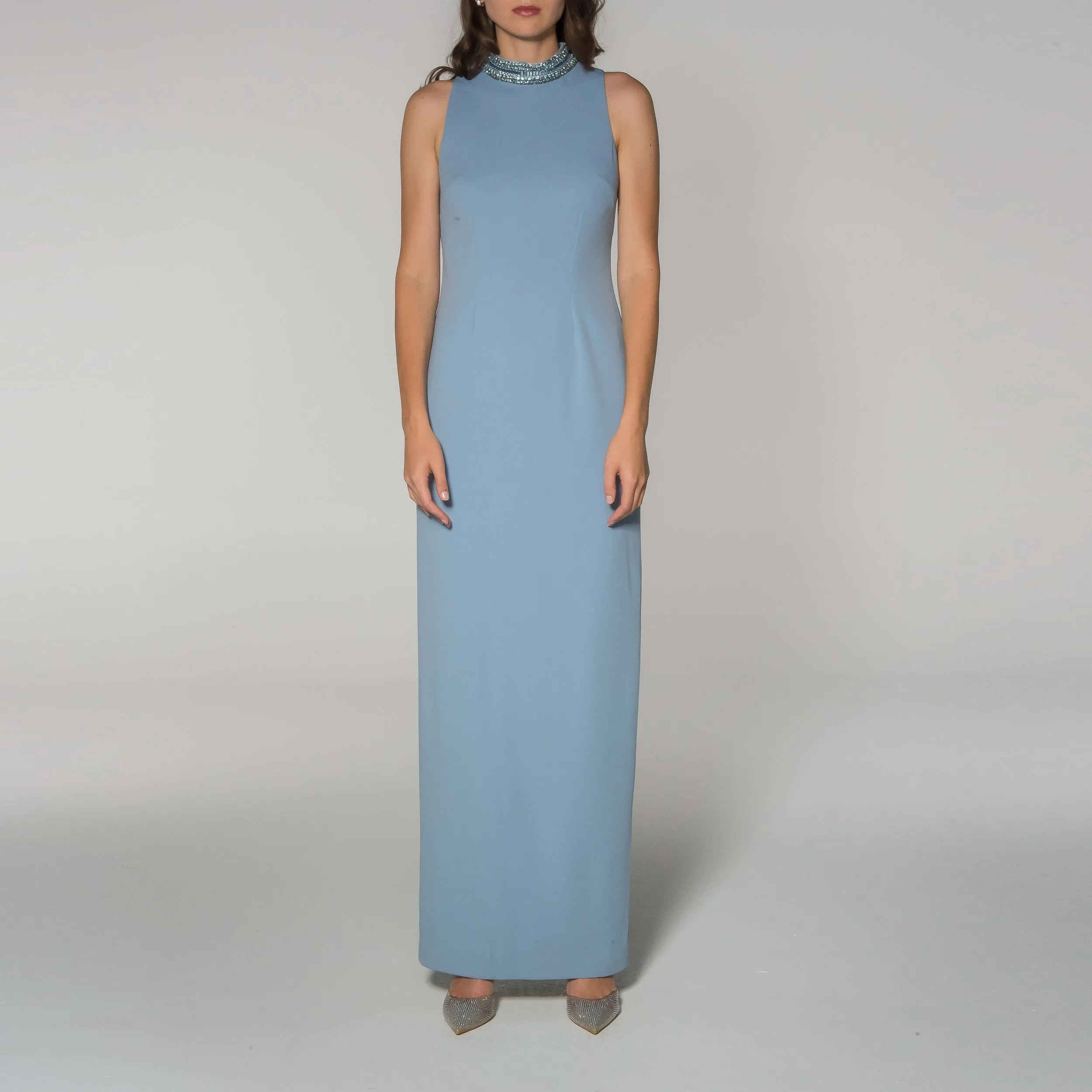 French Blue Jeweled Collar Sleeveless Gown