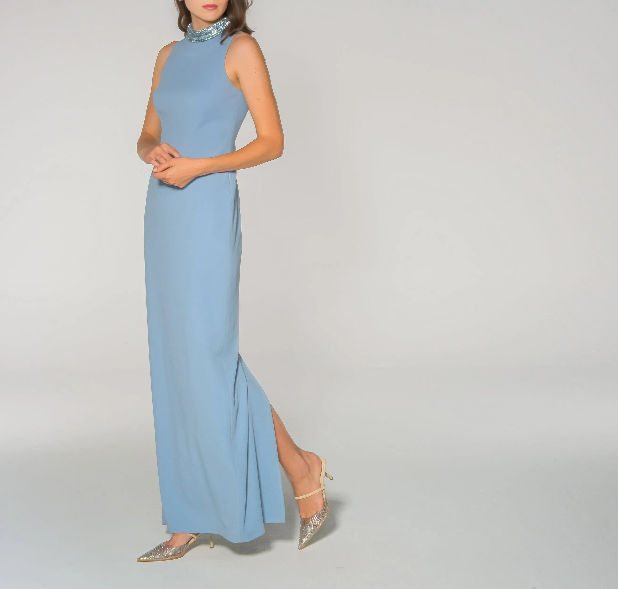 French Blue Jeweled Collar Sleeveless Gown