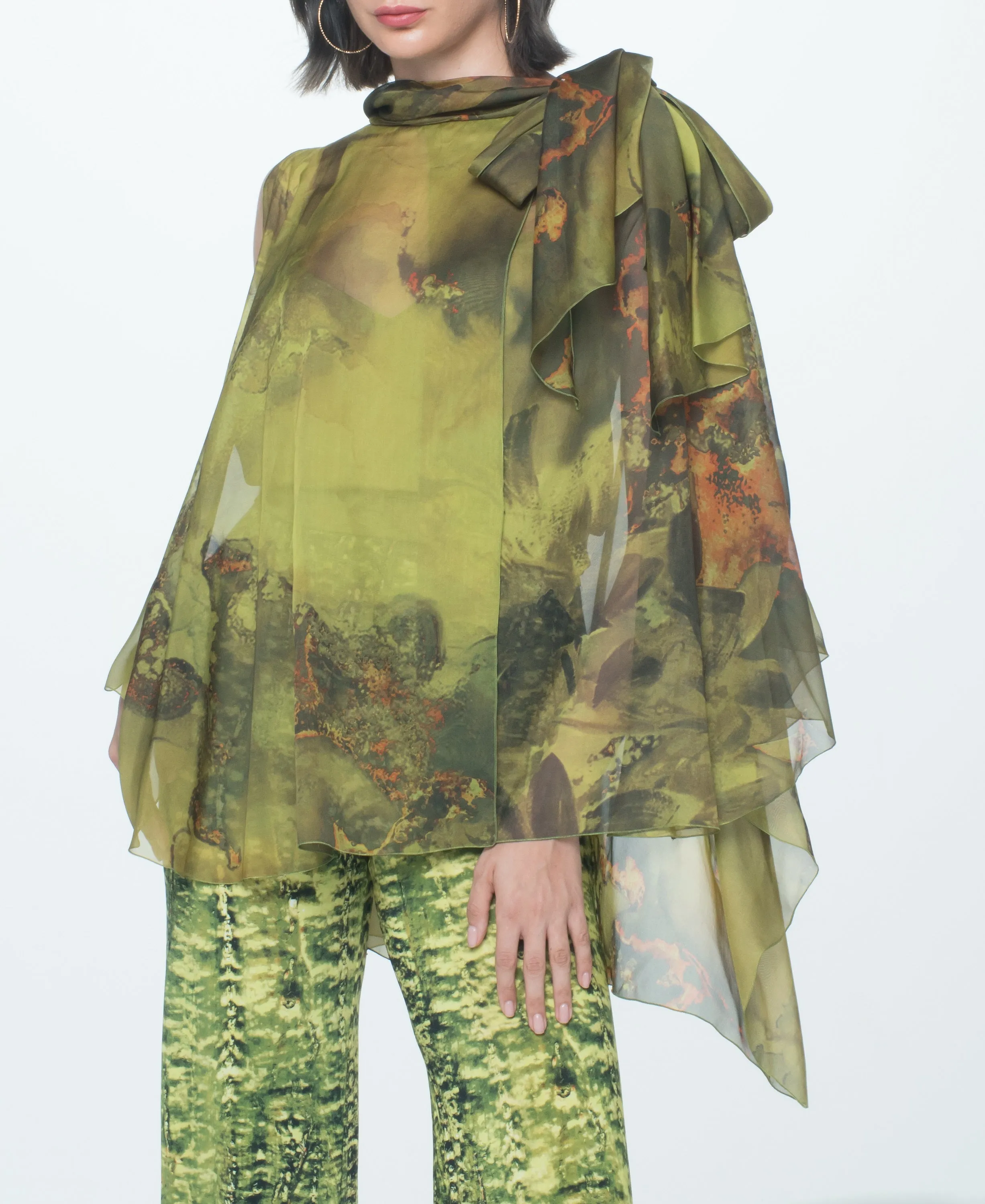 Green Chiffon Blouse With Flower Bomb Print