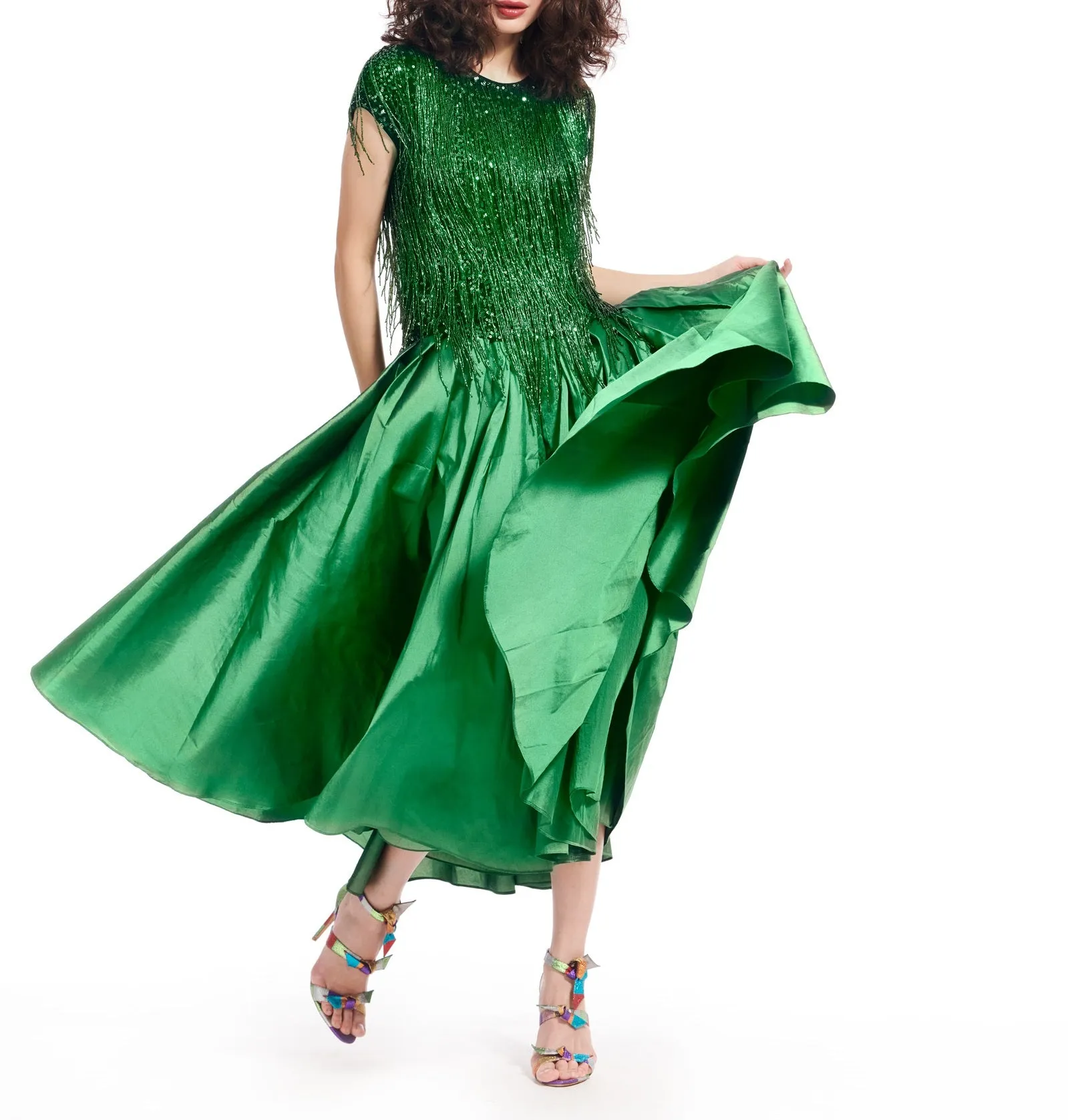 Green Stretch Novelty Fringes Beaded Top