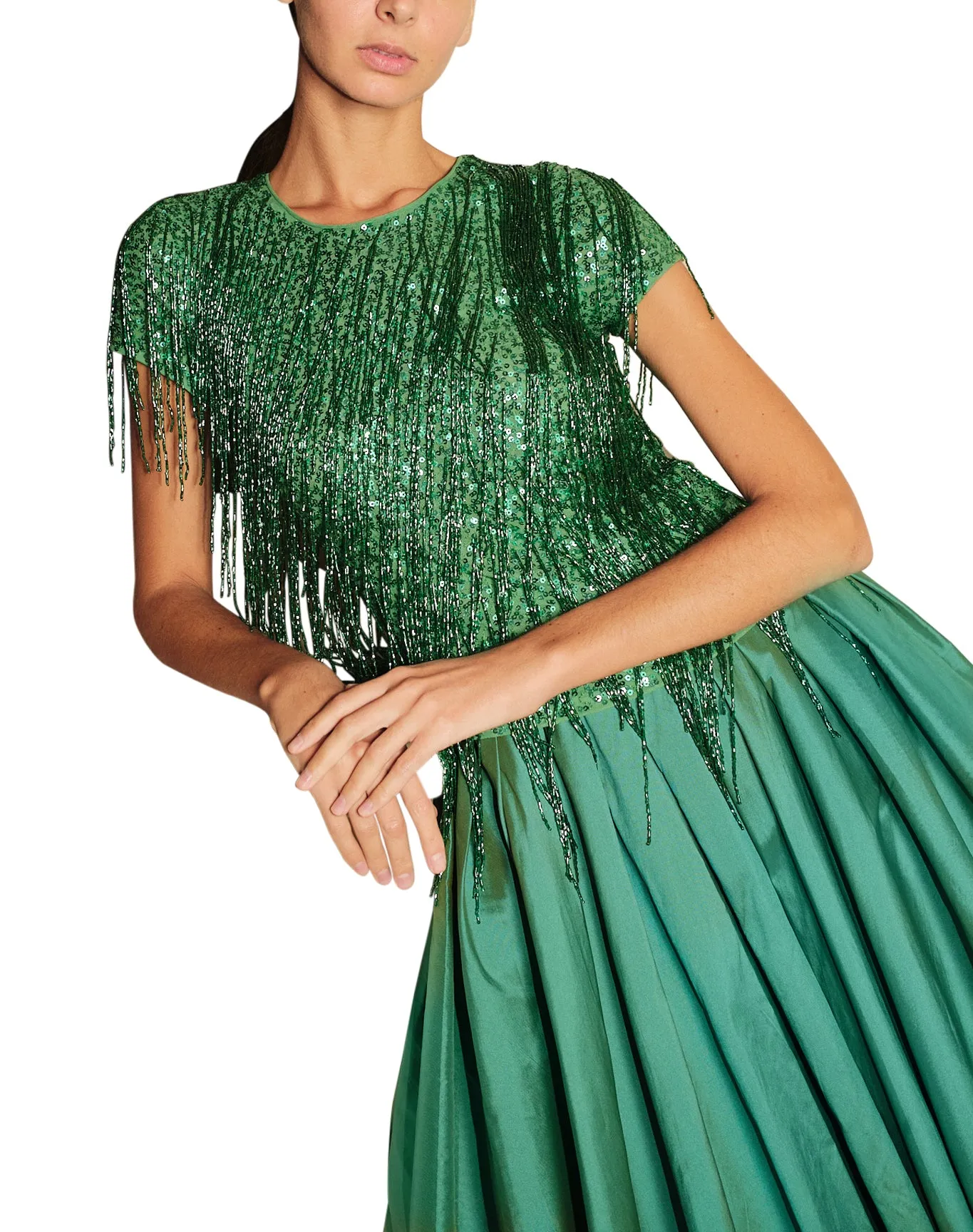 Green Stretch Novelty Fringes Beaded Top